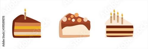 Set of Slices birthday cake with candles and decor. Different pieces of cake. Happy Birthday greeting card design element. Vector illustration.