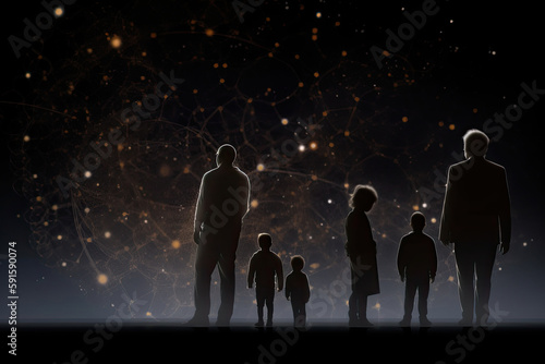 Different generations of family stand together against dark abstract background. Genealogical history of generations, preservation of the memory of relatives. Created with Generative AI
