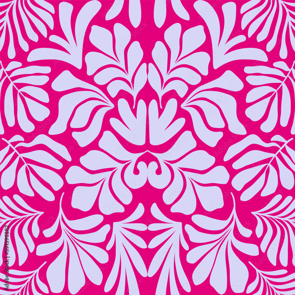 Purple pink abstract background with tropical palm leaves in Matisse style. Vector seamless pattern.