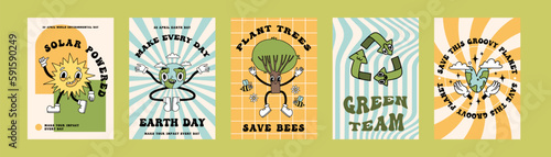Groovy y2k retro eco cartoon poster set. Happy earth day ecology cards templates, eco design collection. Environment day trendy posters. Isolated on bright background. Ecological vector illustration