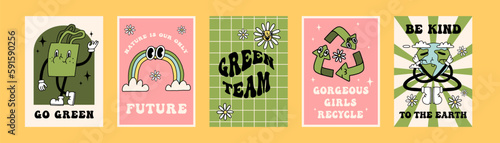 Groovy y2k retro eco cartoon poster set. Happy earth day ecology cards templates, eco design collection. Environment day trendy posters. Isolated on bright background. Ecological vector illustration