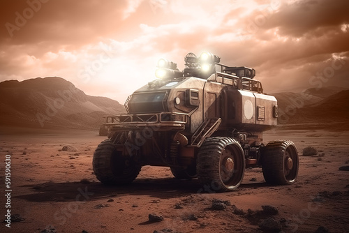 A vehicle for the colonization of Mars. Composite with different elements made with generative AI.