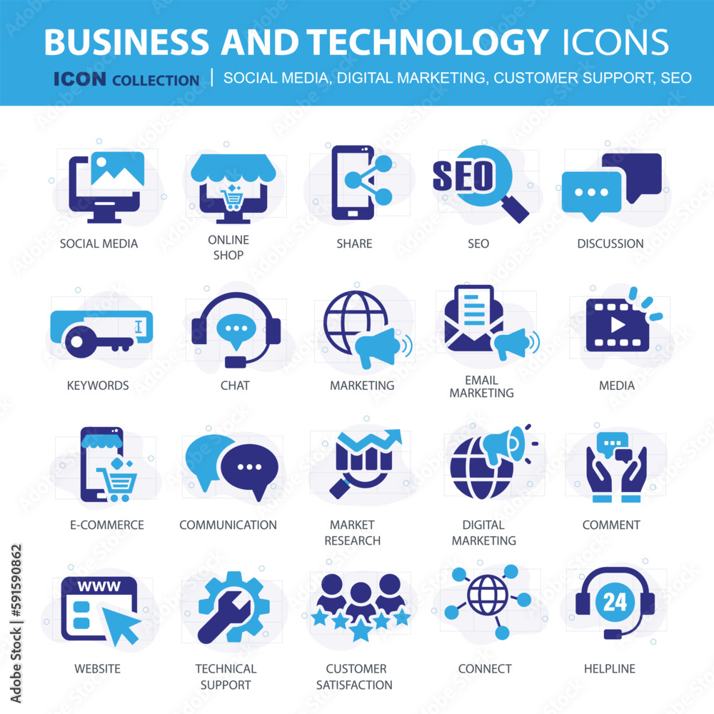 Business, data analytics, organization management icons. Social media, digital marketing, customer support and seo icon set. Vector icon collection Business, data analytics, organization management icons. Social media, digital marketing, customer support and seo icon set. Vector icon collection
