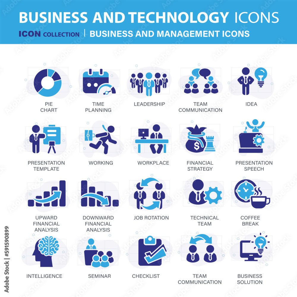 Business and management icon set. Icons for leadership, teamwork, job and work, statistics, analytics and advertising. Flat vector illustration. Blue icon for business collection	