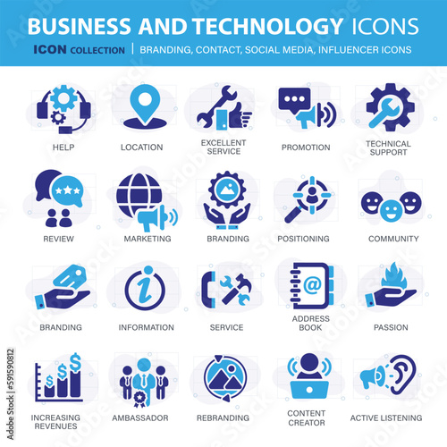 Customer service, branding, influencer, contact icon set. Contact us, follower, marketing, leadership, influence, content, community and customer icons. Support and satisfaction icon set. Vector set