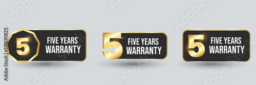 5 year warranty labels. Five Year warranty label in golden color. Warranty card stamp or banner for service provider. Stars and Five year label, tag, stamp. Fiv year warranty card. Three options tags.