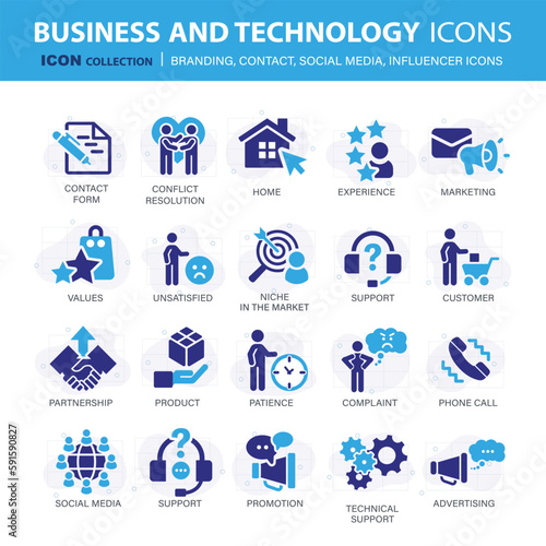Customer service, branding, influencer, contact icon set. Contact us, follower, marketing, leadership, influence, content, community and customer icons. Support and satisfaction icon set. Vector set