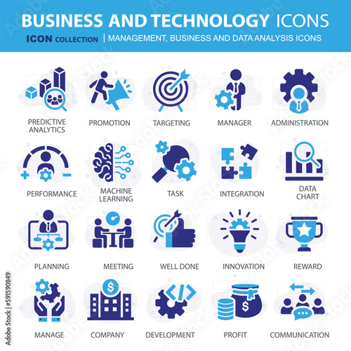 Business, data analysis, organization management and technology icon set. Teamwork, strategy, planning, marketing, cloud technology, data analysis, employee icon set. Icons vector collection 
