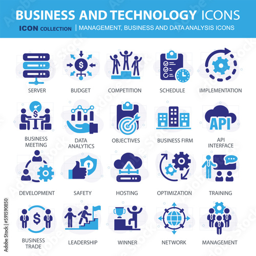 Business, data analysis, organization management and technology icon set. Teamwork, strategy, planning, marketing, cloud technology, data analysis, employee icon set. Icons vector collection	
