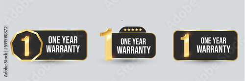 1 year warranty labels. One Year warranty label in golden color. Warranty card stamp or banner for service provider. Stars and One year label, tag, stamp. One year warranty card. Three options tags.