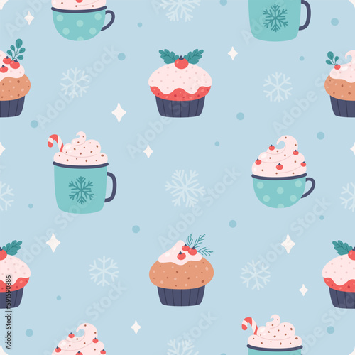 Christmas seamless pattern with hot drinks  cupcakes  snowflakes. Christmas sweets. Vector illustration in flat style