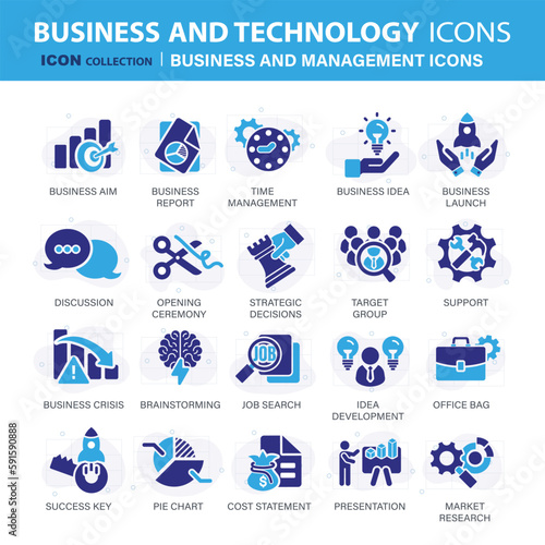 Business and marketing, management, find job, meeting, teamwork collection. Set of blue icons set. Flat vector illustration