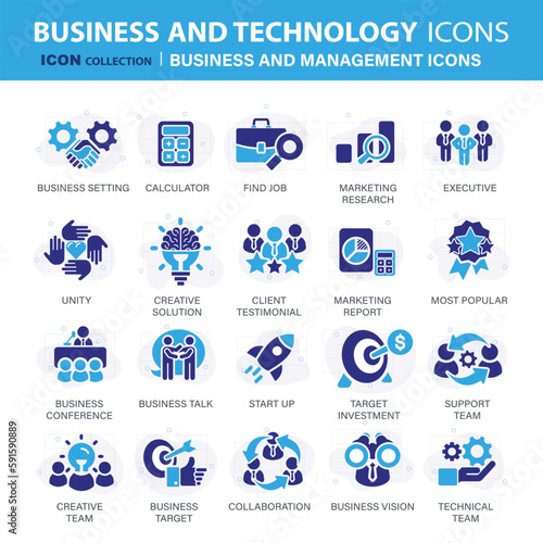 Business and marketing, management, find job, meeting, teamwork collection. Set of blue icons set. Flat vector illustration