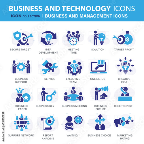 Business and marketing, management, find job, meeting, teamwork collection. Set of blue icons set. Flat vector illustration © makyzz