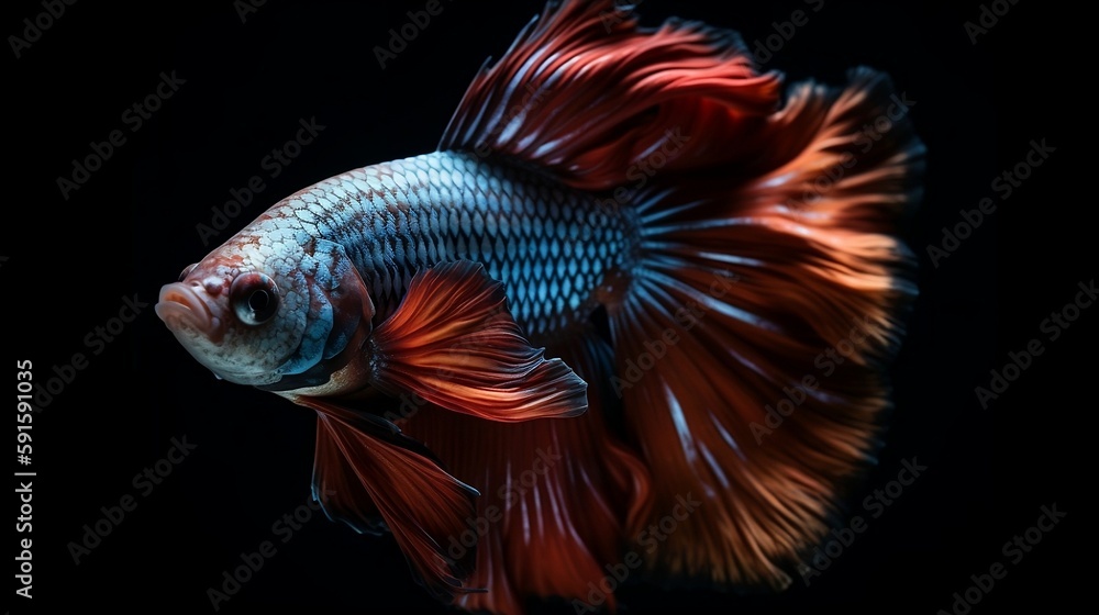 Fototapeta premium The Siamese fighting fish (Betta splendens), commonly known as the betta, is a freshwater fish, isolated on black background. Generative AI