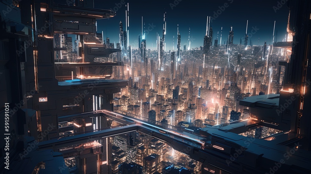 Spectacular city of the future all illuminated at night, 3d AI generative