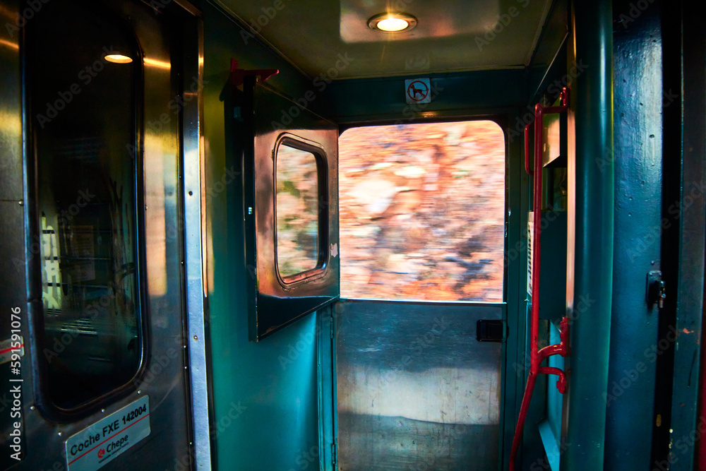 window in green moving train , chepe train in copper canyon chihuahua 