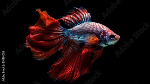 The Siamese fighting fish (Betta splendens), commonly known as the betta, is a freshwater fish, isolated on black background. Generative AI © Kateryna Kordubailo