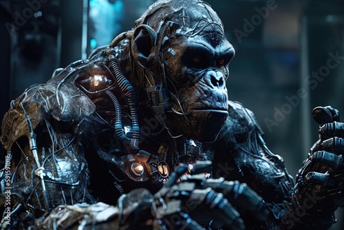 Fierce and dangerous chimpanzee with implants and cybernetic enhancement. Dystopian model of convergent evolution. Generative AI © HC FOTOSTUDIO