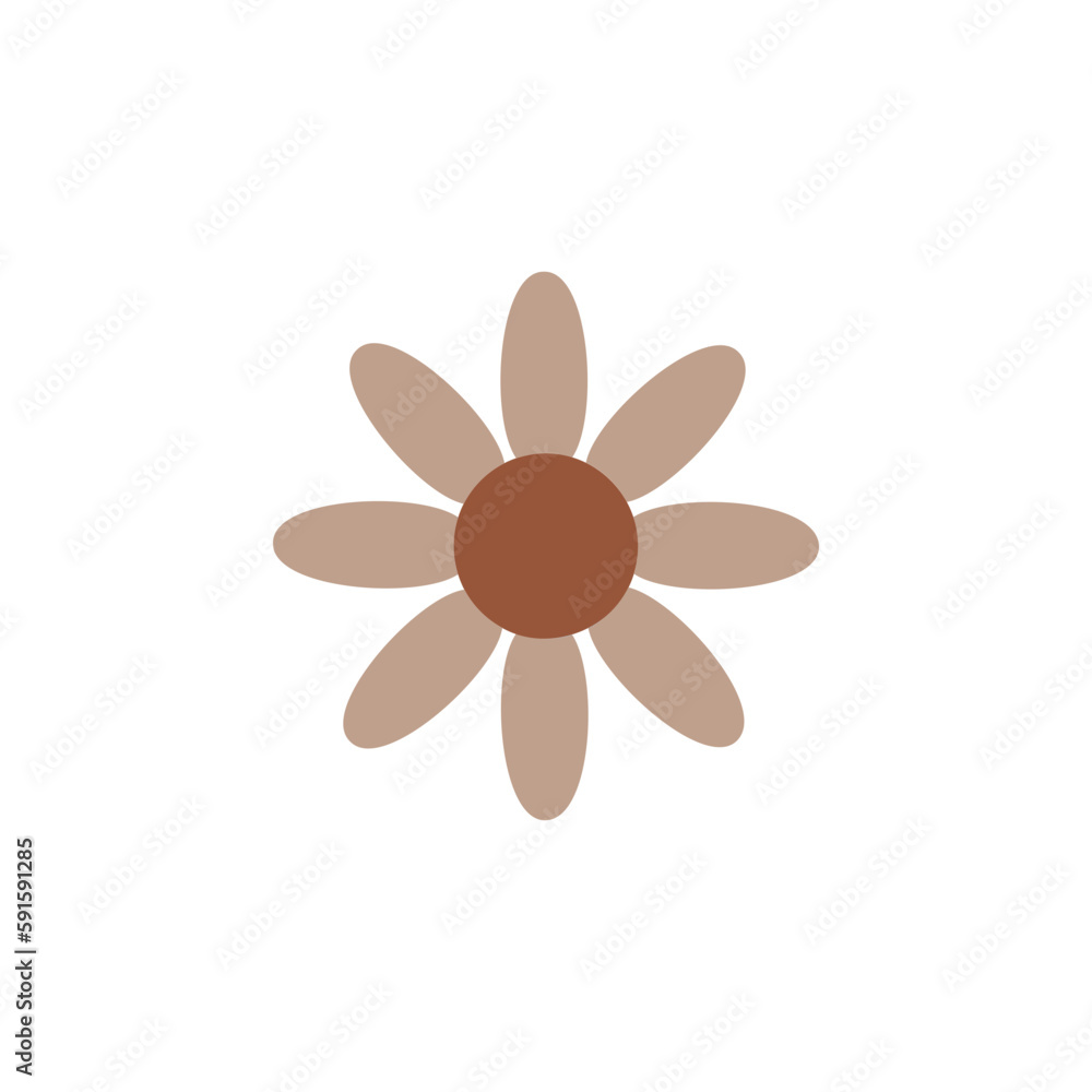 brown groovy playful flower in 60s style. Hippie flower card