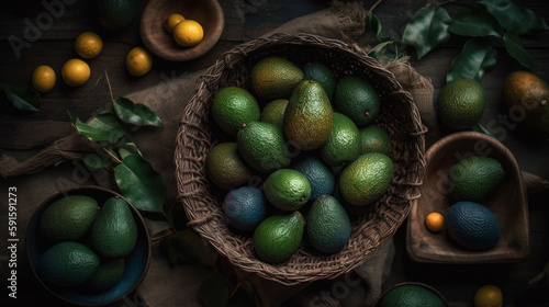 a lot of avocado fruits in a basket on a dark background, top view. Generative AI