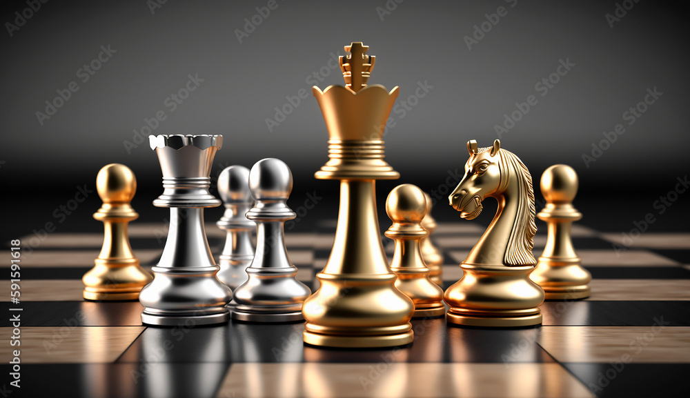 chess battle, victory, success, team leader, teamwork, business strategy, chess gold and silver king surrounded with SILVER and GOLD chess pieces on game competition, generate by AI chess battle, victory, success, team leader, teamwork, business strategy, chess gold and silver king surrounded with SILVER and GOLD chess pieces on game competition, generate by AI