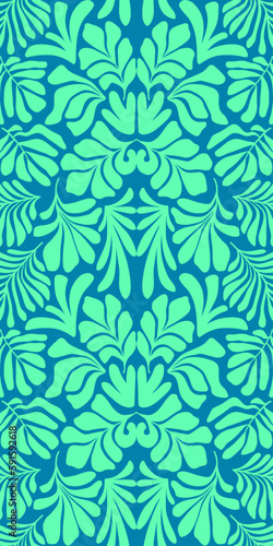 Turquoise blue abstract background with tropical palm leaves in Matisse style. Vector seamless pattern.