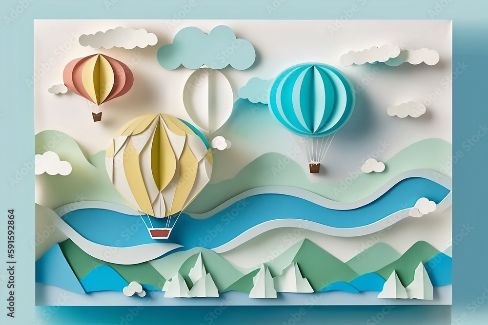 hot air balloon over the sea and mountains, craft paper art or origami style for nursery, kids design