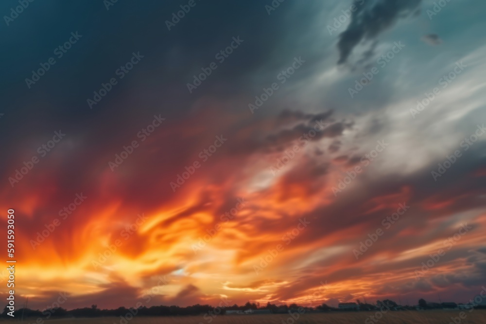 the sunset is above a field, in the style of colorful turbulence, dark turquoise and red the sunset is above a field, in the style of colorful turbulence, dark turquoise and red