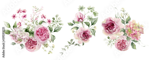 Watercolor flowers bouquet. Pink peony, rose, hydrangea. Floral arrangement for card, invitation, decoration. Illustration isolated on transparent background © Nataliya Kunitsyna