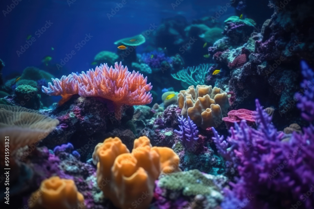 Naklejka premium Marine corals of various colors under the sea. Generative AI