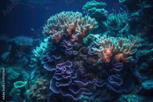 Marine corals of various colors under the sea. Generative AI
