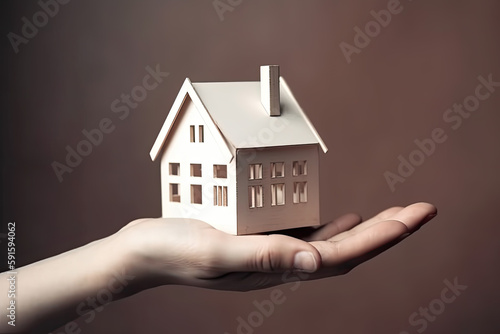 woman showing with one hand a mini house. Real state concept. Ai generative