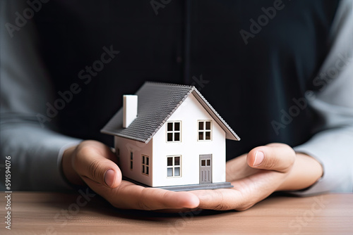 woman showing with one hand a mini house. Real state concept. Ai generative