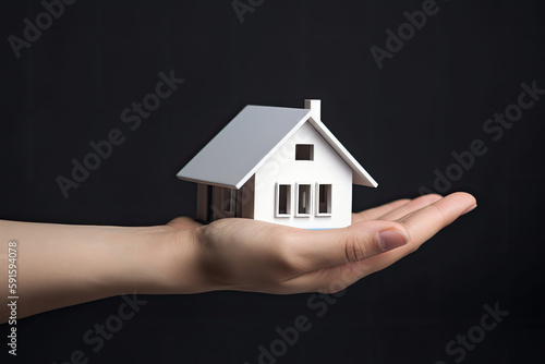 woman showing with one hand a mini house. Real state concept. Ai generative