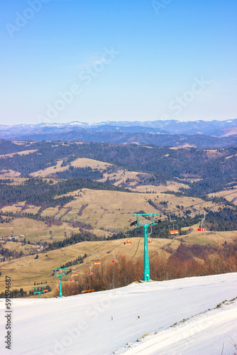 Beautiful view from Mount Gimba to the Ukrainian Carpathians. Polonina Borzhava. Ski chairlift to Mount Gimba. photo