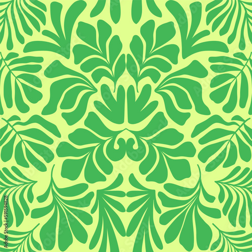 Yellow lime green abstract background with tropical palm leaves in Matisse style. Vector seamless pattern.