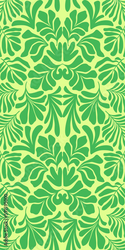 Yellow lime green abstract background with tropical palm leaves in Matisse style. Vector seamless pattern.