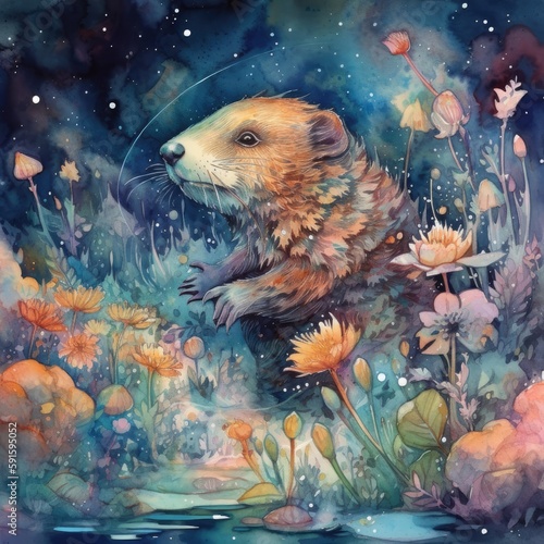watercolor mysterious Beaver Generative Ai © TieShine
