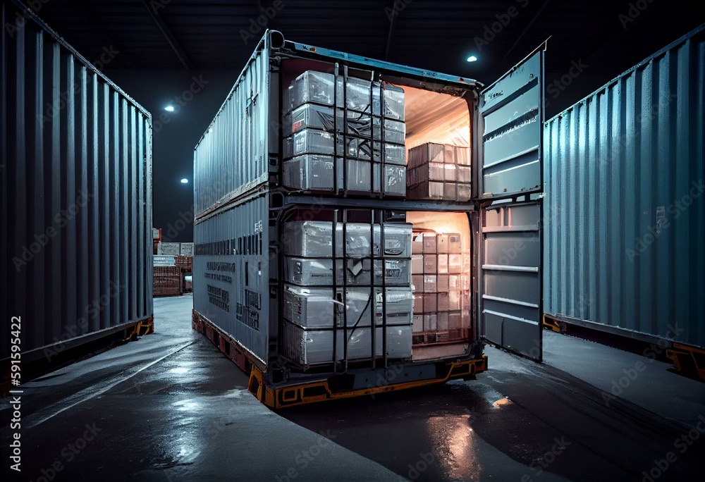 Boxes wrapped in plastic, loaded onto pallets & cargo containers on