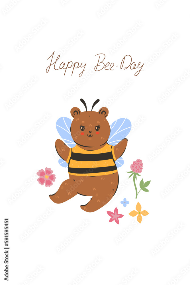 Postcard or poster with a cute bee bear. Vector graphics. Postcard or poster with a cute bee bear. Vector graphics.