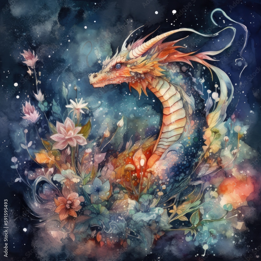 watercolor mysterious Dragon Generative Ai watercolor mysterious Dragon Generative Ai