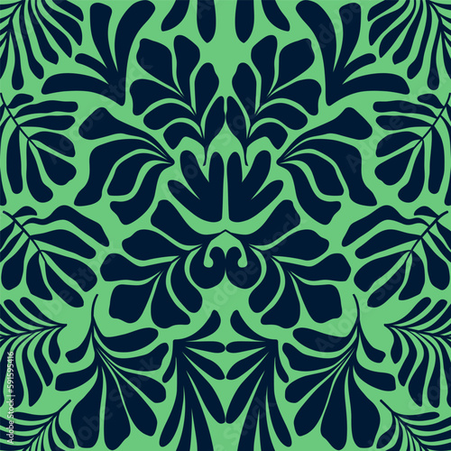 Green abstract background with tropical palm leaves in Matisse style. Vector seamless pattern.