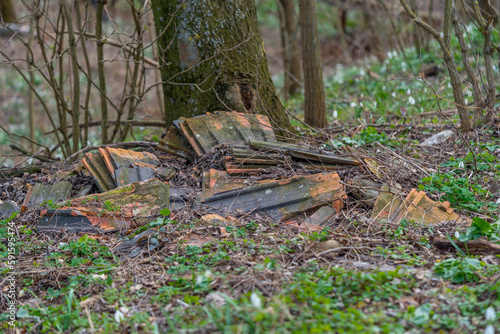 Old weathered roof tiles forgotten in the nature  dumped on forest ground  environmental issues  planet pollution  garbage collection waste sorting recycling  Slovakia  Europe