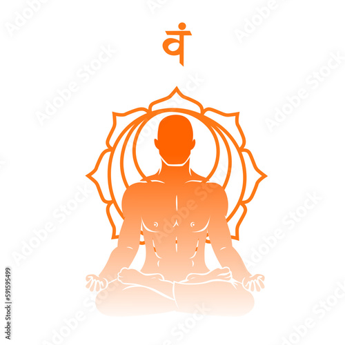 Silhouette of meditating man and symbol of Svadhisthana (sacral chakra) on white background
