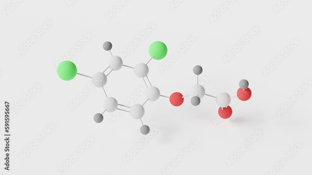 2,4-Dichlorophenoxyacetic acid molecule 3d, molecular structure, ball and stick model, structural chemical formula 2,4-D 2,4-Dichlorophenoxyacetic acid molecule 3d, molecular structure, ball and stick model, structural chemical formula 2,4-D