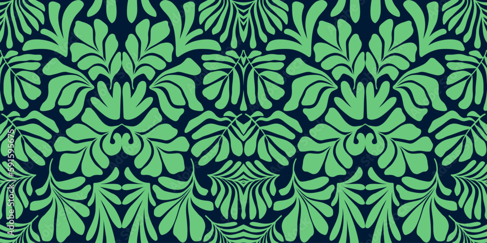 Green abstract background with tropical palm leaves in Matisse style. Vector seamless pattern. Green abstract background with tropical palm leaves in Matisse style. Vector seamless pattern.