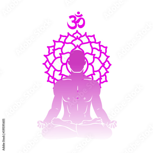 Silhouette of meditating man and symbol of Sahasrara (crown chakra) on white background