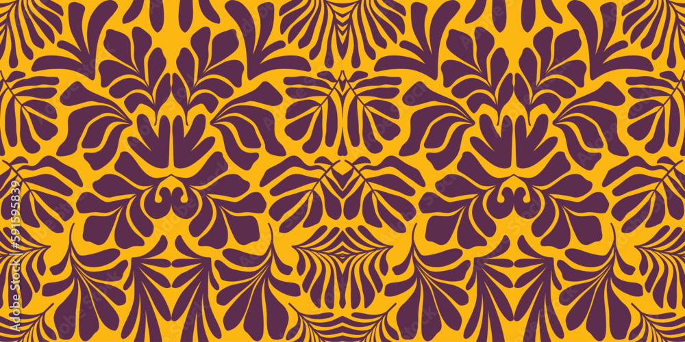 Brown yellow abstract background with tropical palm leaves in Matisse style. Vector seamless pattern. Brown yellow abstract background with tropical palm leaves in Matisse style. Vector seamless pattern.