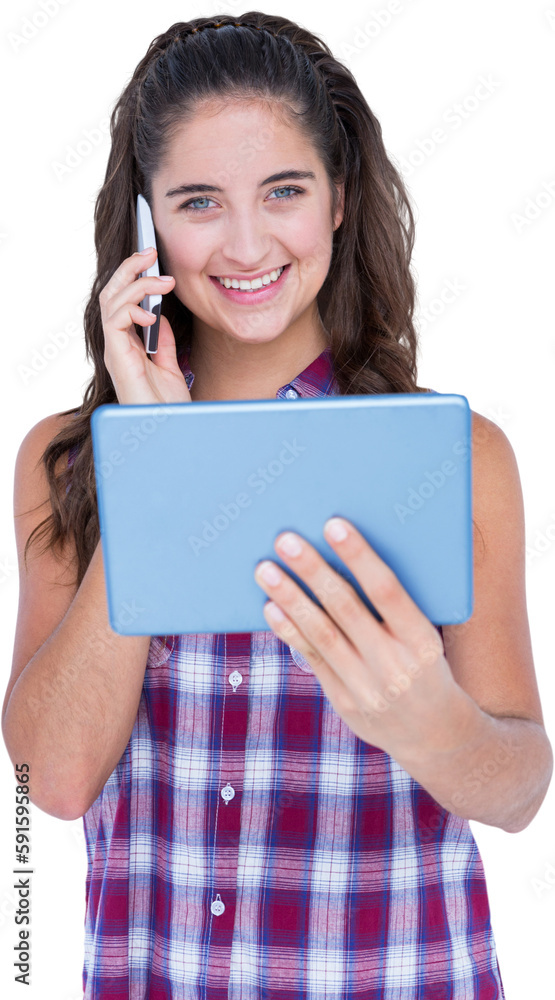 Happy pretty brunette using tablet computer and having phone call Happy pretty brunette using tablet computer and having phone call